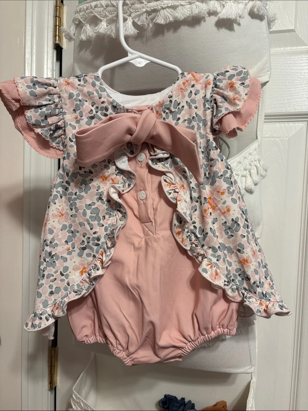 Pink Floral Ruffle Diaper Cover Dress with Matching Bloomers